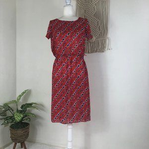 1970s vintage red white blue floral blouson midi dress M